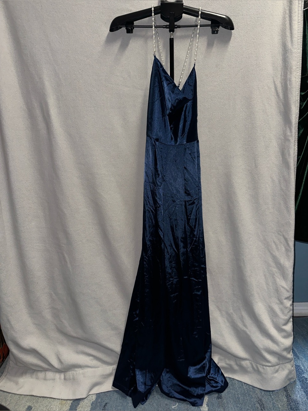 Cider Navy Satin Strapless Dress with Pearl Straps